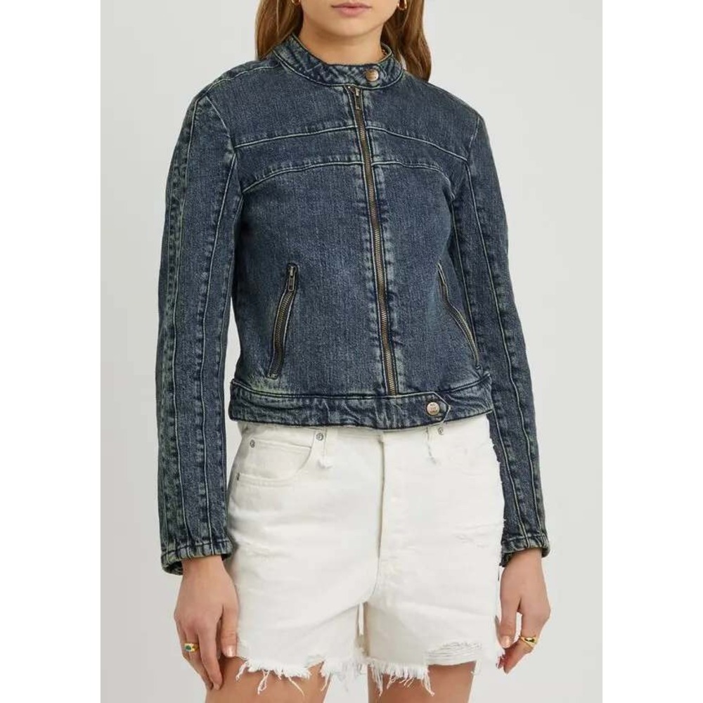 Free People We The Free Fast Lane Denim Moto Jacket Blue Large